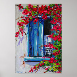Poster Volets bleus avec Bougainvilliers