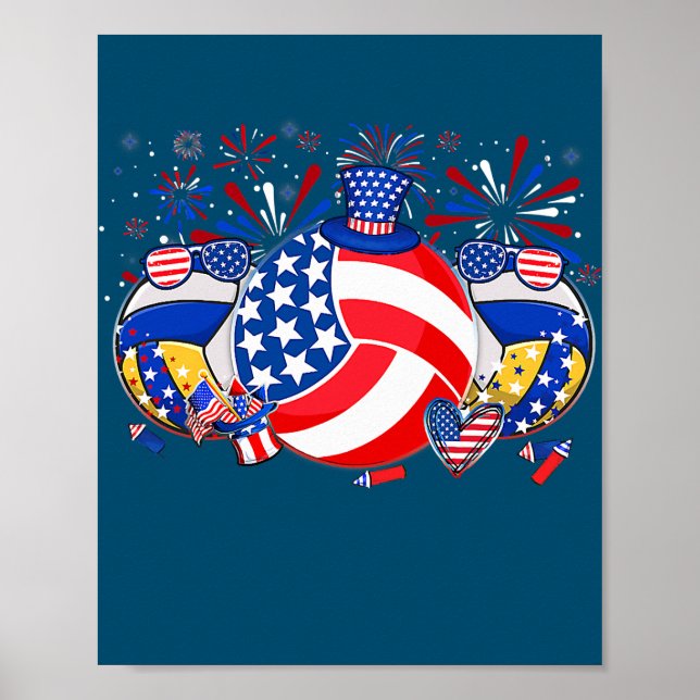 Poster Volleyball USA Flag Hat Fireworks Patriotic 4th (Devant)