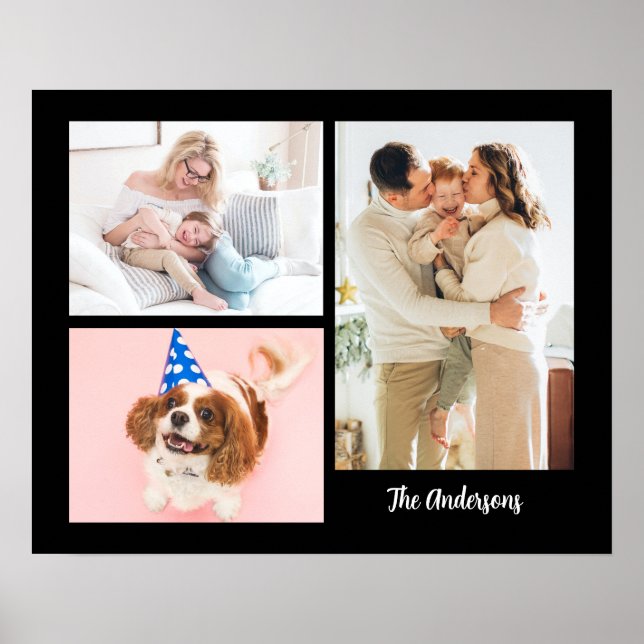 Poster Vos 3 photos de famille & nom sur fond noir (Devant)
