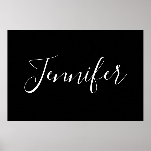 Poster Votre nom | Élégant script blanc sur noir (Devant)