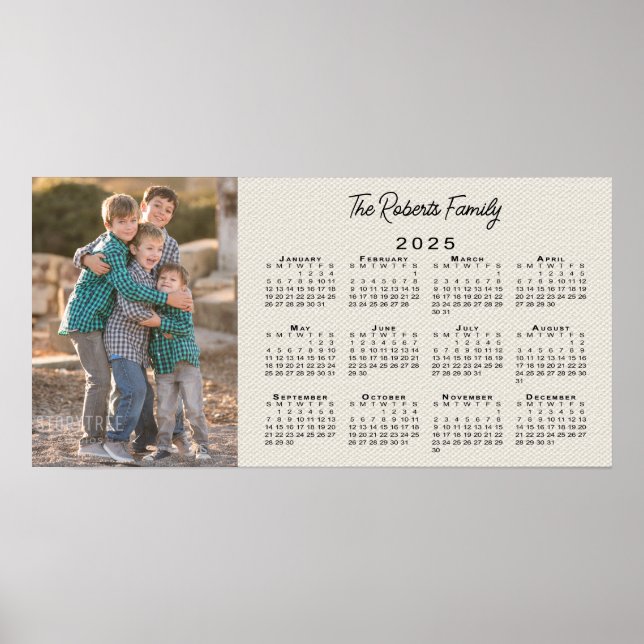 Poster Votre photo et nom 2025 Calendrier Faux Canvas (Devant)