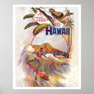 Poster Voyage à Hawaii, surf sur une grosse vague, vintag