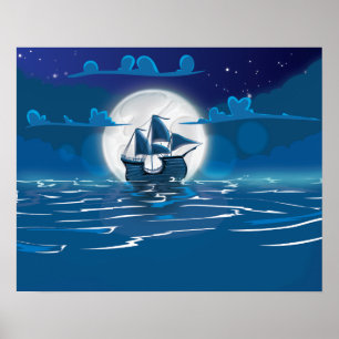 Poster Voyage de bateau à voile en bois au clair de lune