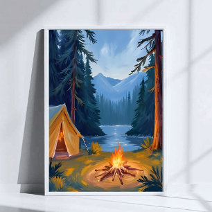 Poster Voyage de camping Feu de camp de forêt Tente Aquar