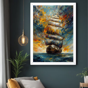 Poster Voyage de feu - Bateau à voile dramatique à Sunset