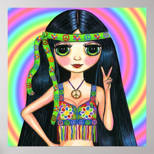 Poster Voyage de paix fille Hippie clignotant signe de pa (Devant)