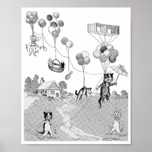 Poster Voyage en ballon de chat, Louis Wain