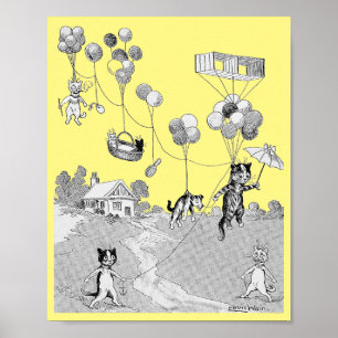 Poster Voyage en ballon de chat, Louis Wain