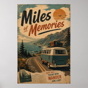 Poster Voyage en camping-car vintage sur une route côtièr