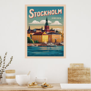 Poster voyage en suède à stockholm cadeaux vintages au bo