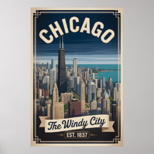Poster Voyage rétro à Chicago Illinois, la ville venteuse