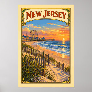 Poster Voyage sur le littoral vintage du New Jersey