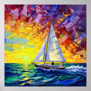 Poster Voyage vibrant d'un voilier à travers un coucher d