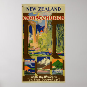 Poster Voyage vintage de Christchurch Nouvelle Zélande