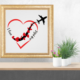 Poster Voyager Avion Coeur J'aime mon pilote minimaliste
