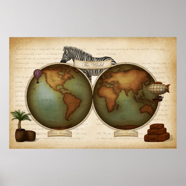 Poster Voyageur du monde néo-victorien Atlas Steampunk (Devant)