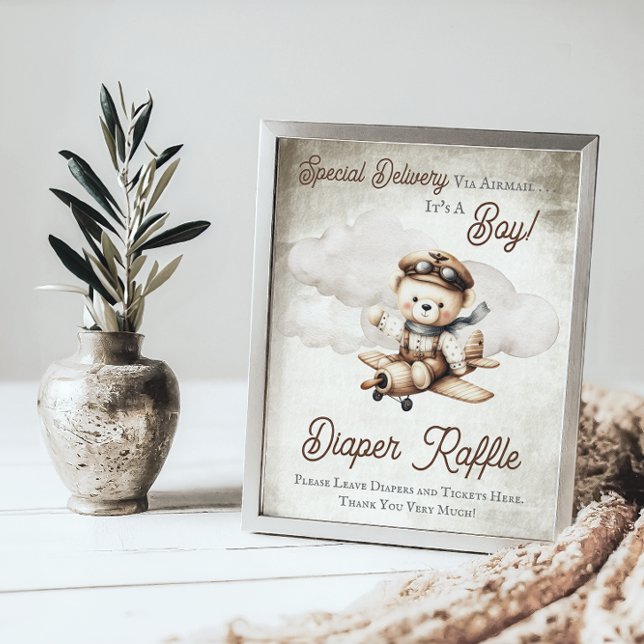 Poster Voyageur Teddy Ours Douche Déchets Signe Raffle ("Special Delivery Via Airmail  It's A Boy!" Teddy Bear | Airplane Baby Shower Diaper Raffle Sign)