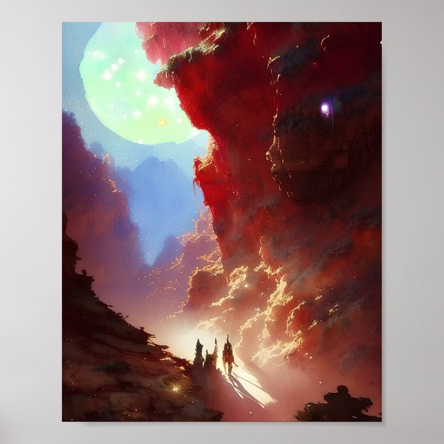 Poster Voyageurs dans un canyon de roche rouge (Devant)