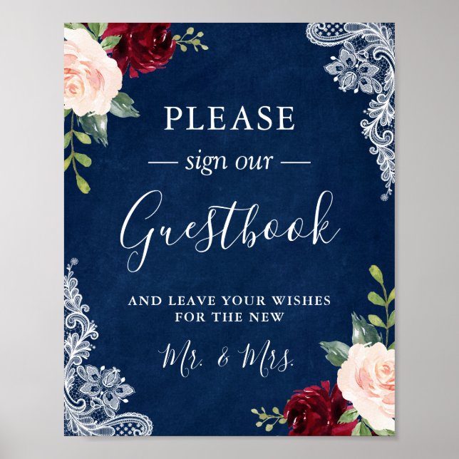 Poster Voyant bleu marine Flush Mariage dentelle florale (Devant)