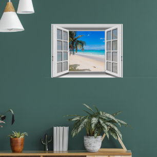 Poster Vue 3D de plage tropicale fausse fenêtre