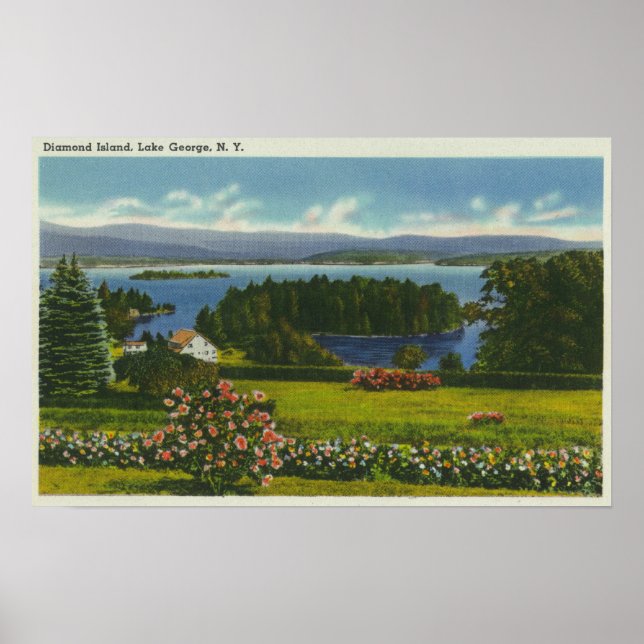 Poster Vue à flanc de colline de Diamond Island et lac (Devant)