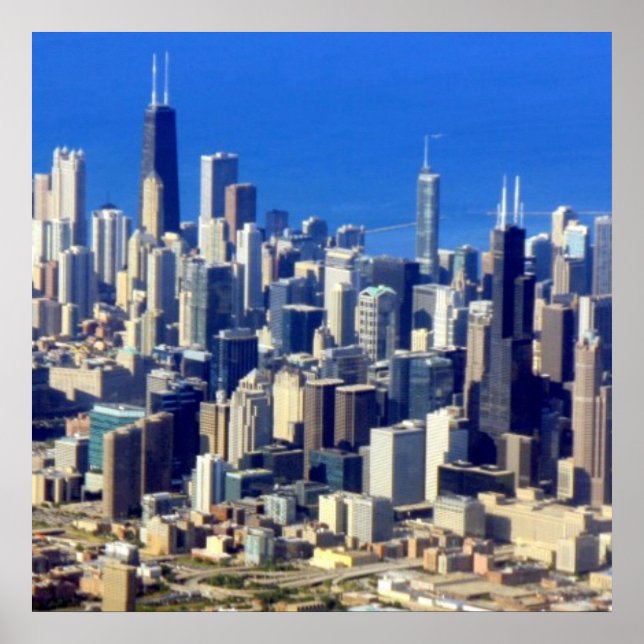 Poster Vue aérienne du centre-ville de Chicago avec le la (Devant)