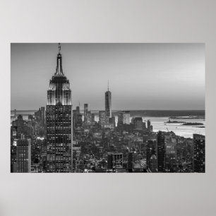Poster Vue aérienne en noir et blanc de New York City Nig