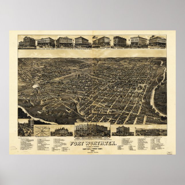 Poster Vue aérienne Fort Worth Tarrant County Texas (1886 (Devant)