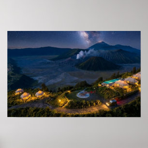 Poster Vue aérienne nocturne du volcan du mont Bromo, déc