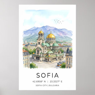 Poster Vue aquarelle calme de la ville de Sofia - Jaune
