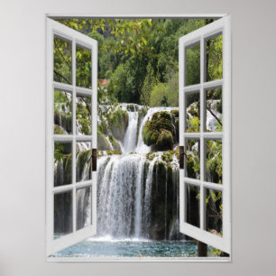 Poster Vue de cascade Trompe l'oeil Fausse fenêtre