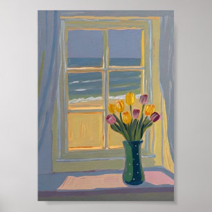 Poster Vue de fenêtre côtière ensoleillée peinture à l'hu