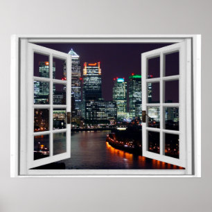 Poster Vue de fenêtre de Faux de ville de nuit