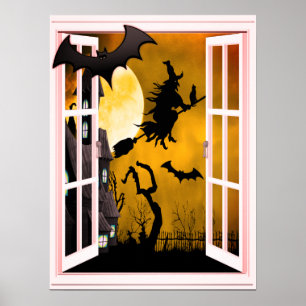 Poster Vue de fenêtre de silhouette de sorcière de