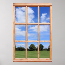 Vue de fenêtre fausse d'herbe verte, d'arbres et d