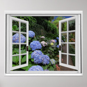 Poster Vue de jardin d'hortensias Fausse fenêtre