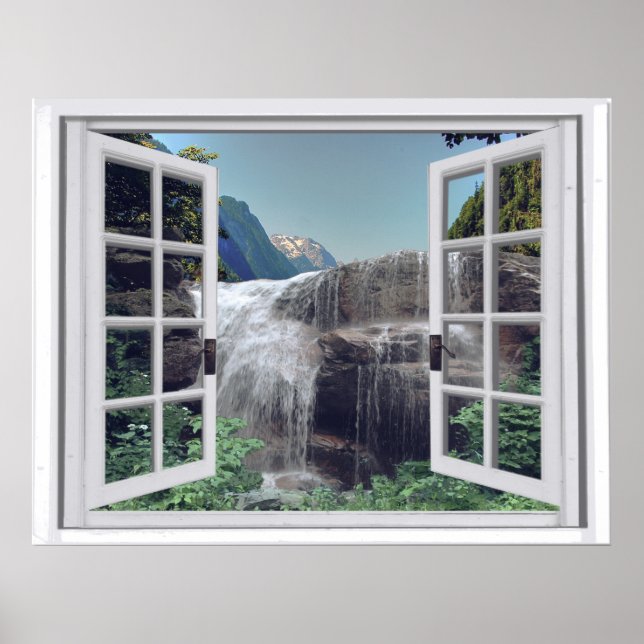 Poster Vue de la fenêtre de la cascade Mountain Faux (Devant)