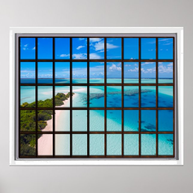 Poster Vue de la fenêtre Tropical Beach Lattice (Devant)