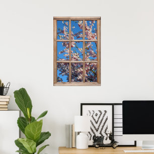 Poster Vue de la fleur de cerisier depuis une fenêtre