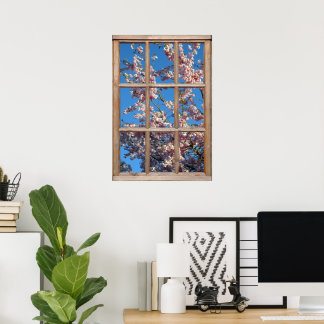 Poster Vue de la fleur de cerisier depuis une fenêtre