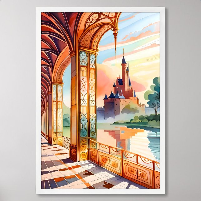 Poster vue de la peinture de château depuis un couloir te (castle painting view from gold textured corridor)