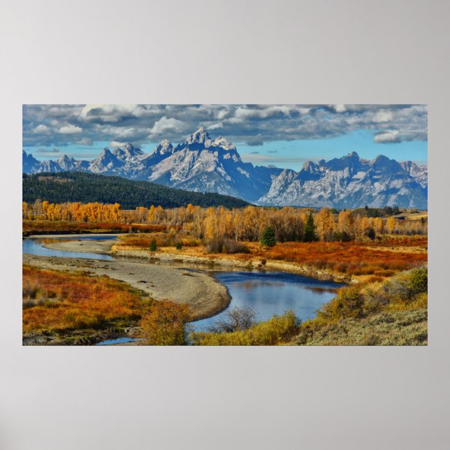 Poster Vue de la rivière Grand Teton Mountains à l'automn (Devant)