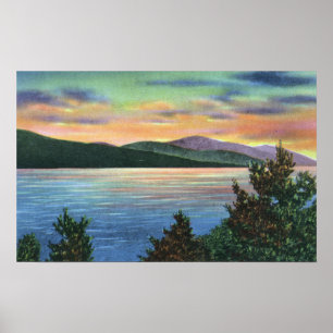 Poster Vue de lever de soleil de lac de montagne de mâle