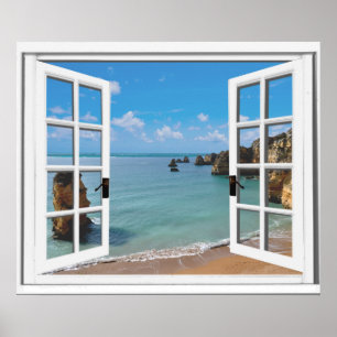 Poster Vue de l'océan de la plage relaxante Fausse fenêtr