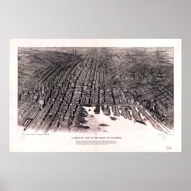 Poster Vue de l'oeil des oiseaux de Baltimore, Maryland ( (Devant)