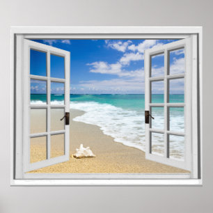 Poster Vue de mer relaxante sur la plage Fausse fenêtre