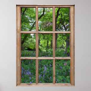 Poster Vue du jardin de jacinthes par une fenêtre