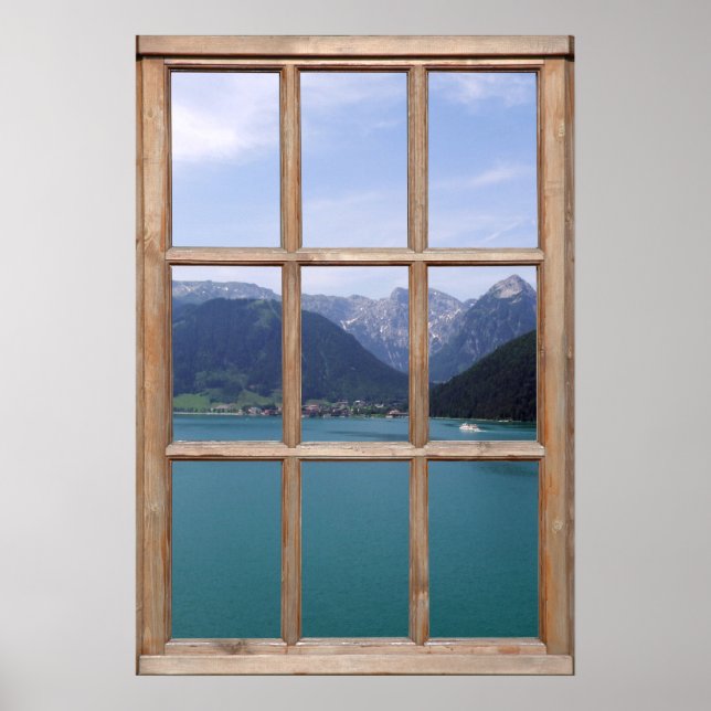 Poster Vue du lac Alpin depuis une fenêtre (Devant)