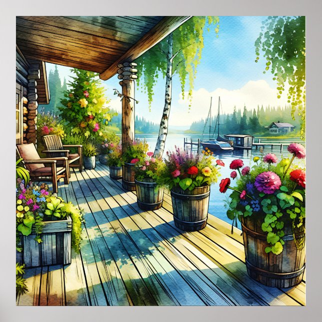 Poster Vue du lac House | Terrasse surplombant la baie (Devant)