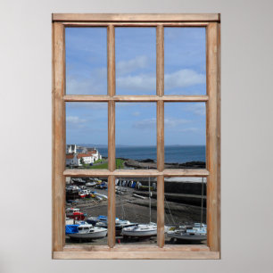 Poster Vue du port de pêche à partir d'une fenêtre